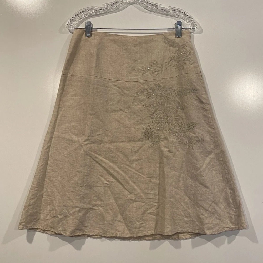 Edward 100% Linen Beige Embroidered‎ Sequin A-Line Skirt Womens Size 10 (227)